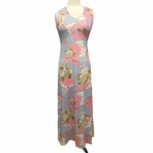 Floral Maxi Dress Empire Waist Sleeveless V-Neck Pink Blue Cream Size Small